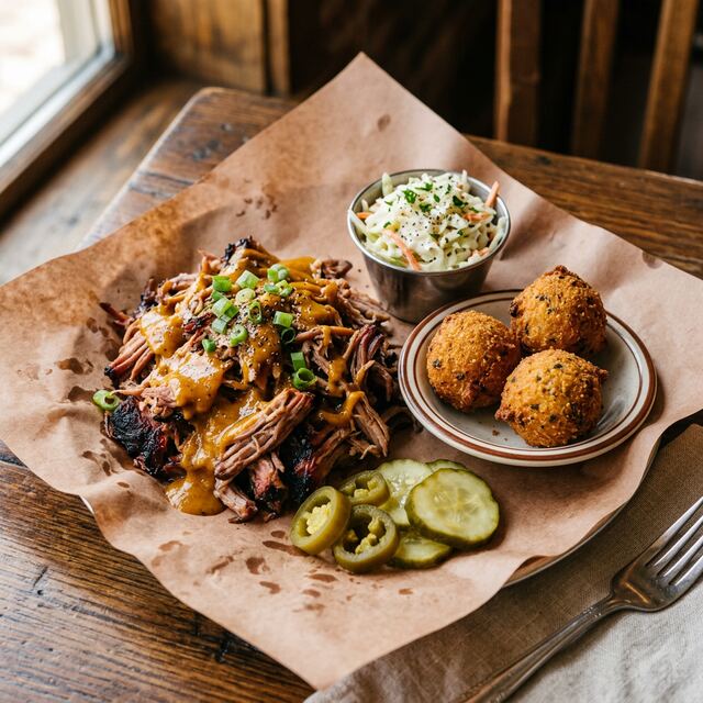 Pulled pork barbecue plate with Carolina gold sauce