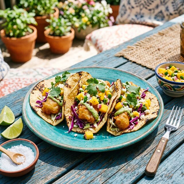 Three fish tacos with mango salsa