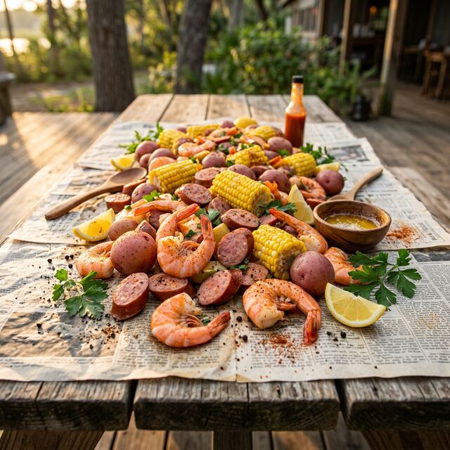 Lowcountry boil on a picnic table