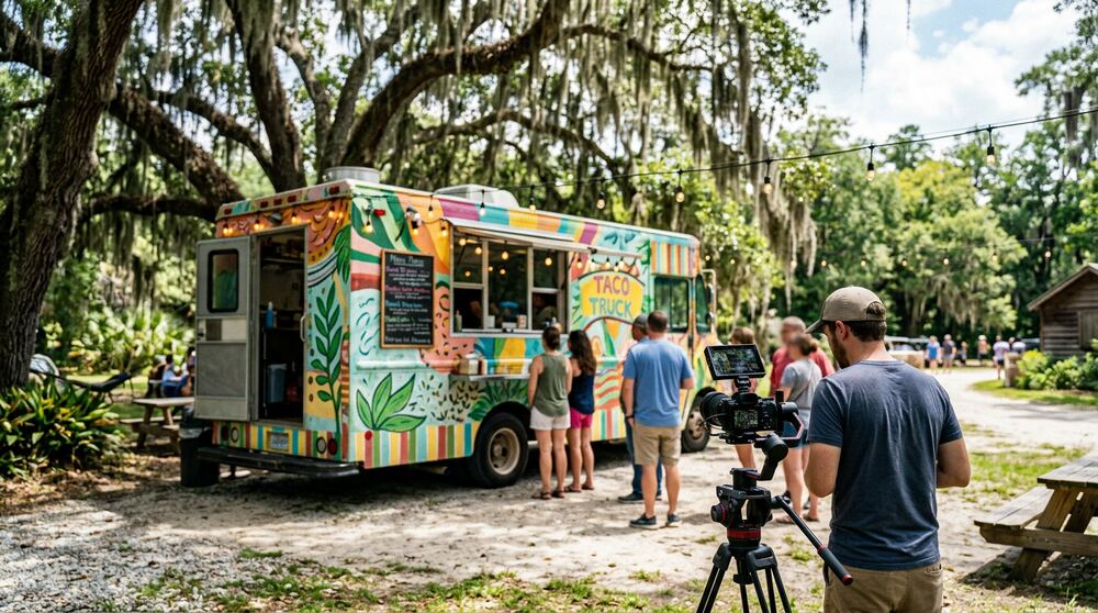 A local food truck being filmed under live oaks